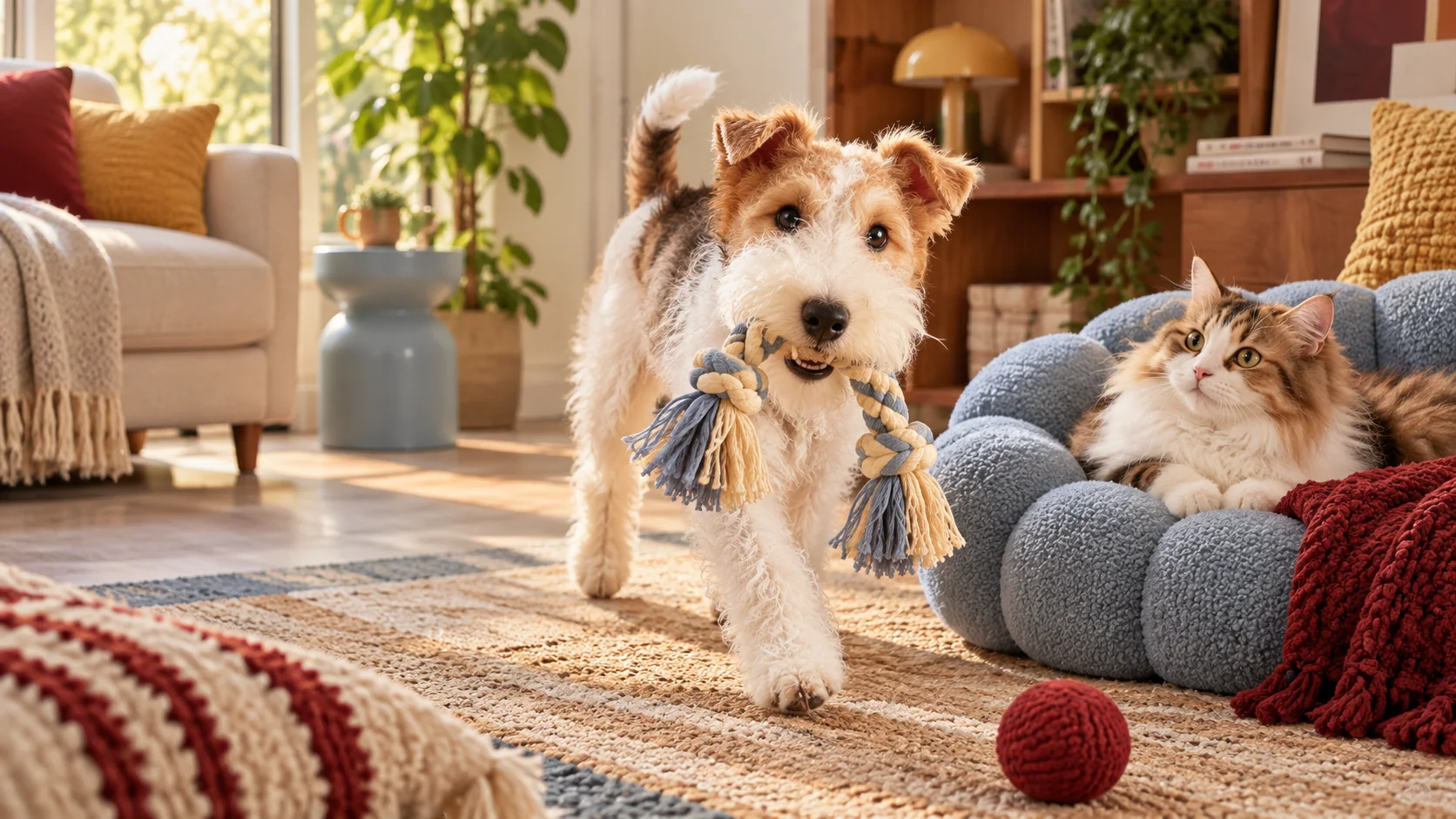 A playful terrier with a rope toy beside a cat resting in a soft pet bed